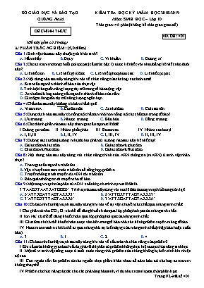 Đề kiểm tra học kỳ I môn Sinh học Lớp 10 - Mã đề 410 - Năm học 2018-2019 - Sở giáo dục và đào tạo tỉnh Quảng Nam
